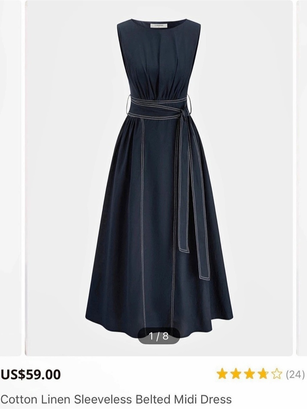 Commense Cotton Linen Sleeveless Belted Midi Dress in Blue